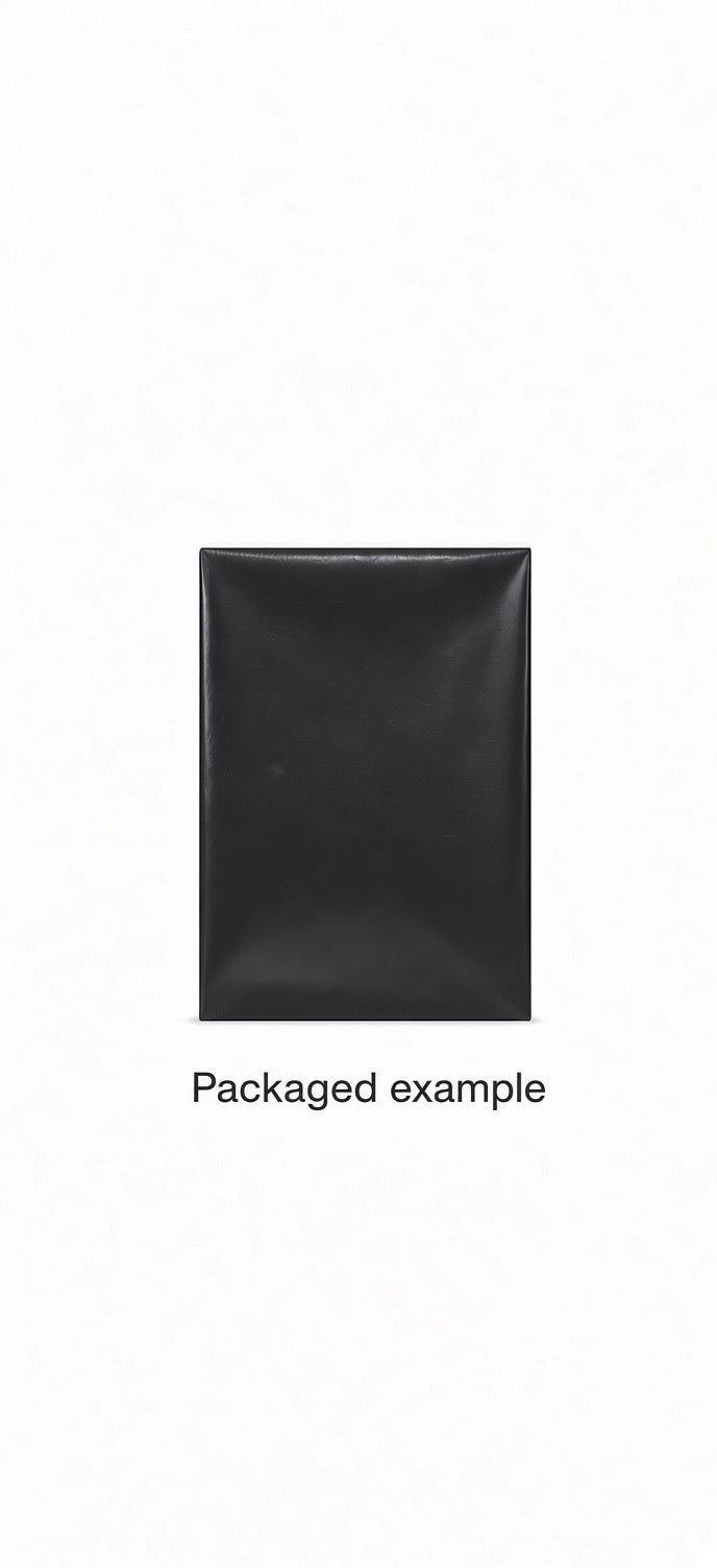 Black mailing pouch shown as an example of delivery packaging.